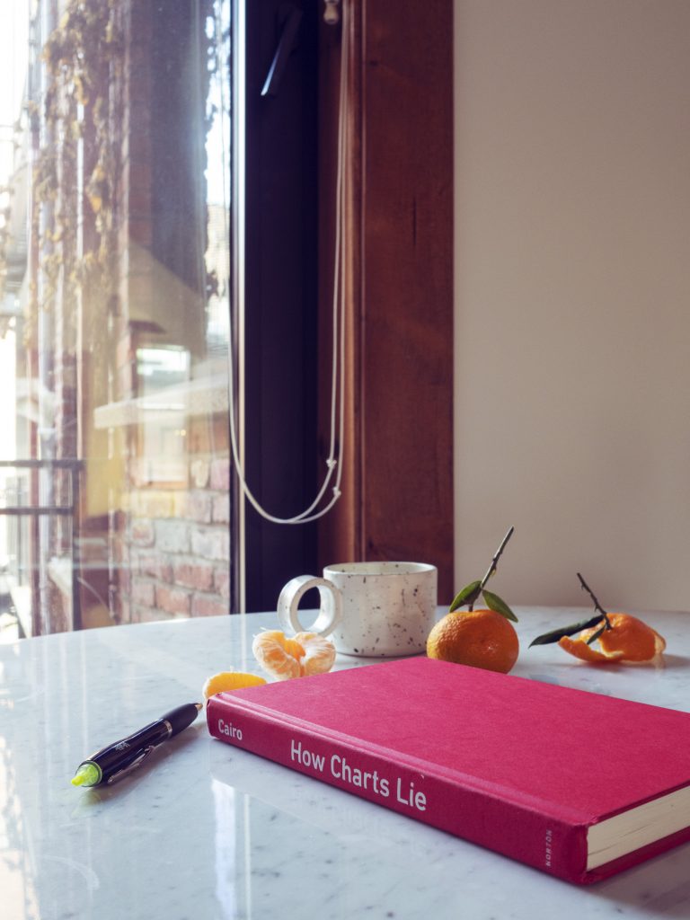 The book How Charts Lie in its red jacket, on a table, next to a cup of coffee, a pen, and clementines.