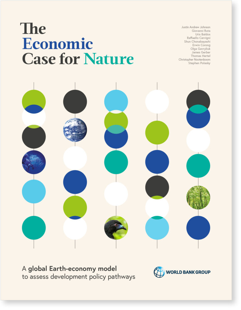 Cover page of the Report “The Economic Case for Nature”. It displays five vertical rows with each about six circles either in solid shades of blue,or with pictures showing the same colours. The title is at the top left, the list of 12 authors at the top right, the subtitle (A global Earth-economy model to assess development policy pathways) at the bottom left and the logo of the World Bank Group is at the bottom right.