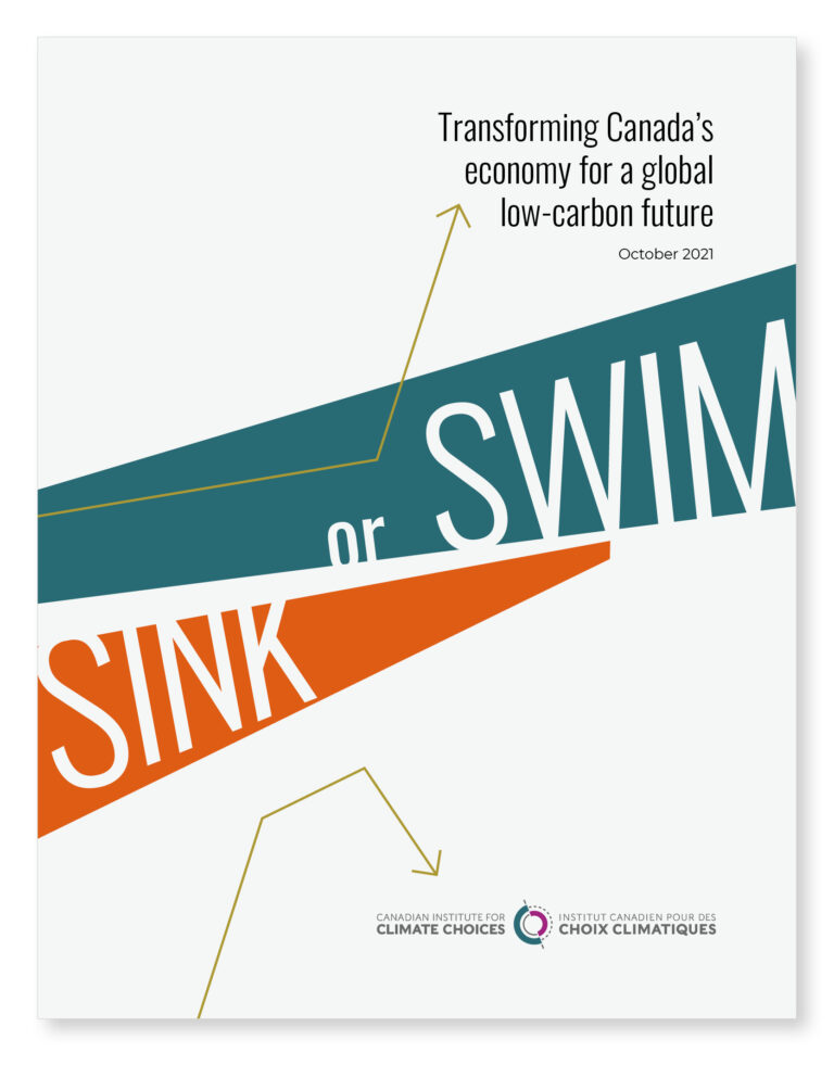 Cover page of the "Sink or Swim" report. It has two green and orange graphic areas in the shape of an elongated trapezoid in which the words "Sink" and "or Swim" appear. Ocher-colored arrows translate the movement of shapes and create a link with the title. One point upwards, bringing the eye to the title of the report "Transforming Canada's economy for a global low-carbon future" and the other points downward, bringing us to the Institute logo.