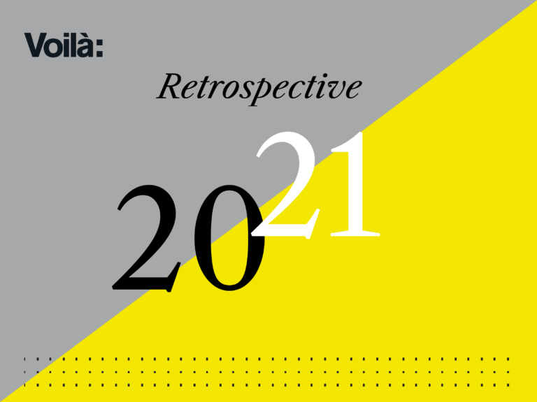 Voilà: retrospective 2021 on a grey and yellow background.