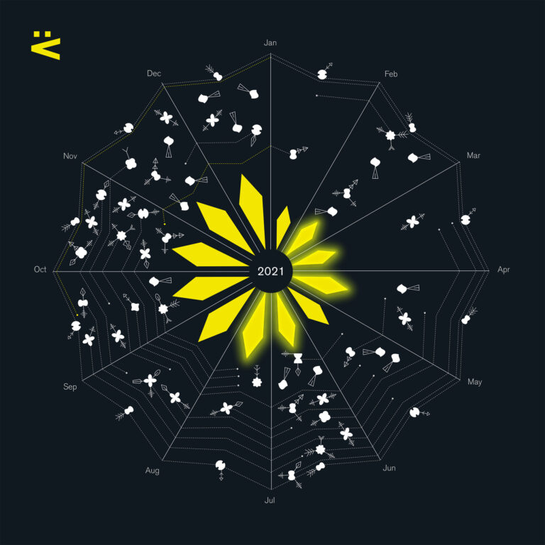 A visual overview of projects in 2021 at Voilà. On a black background, it is shaped like a snowflake or a spider web, with the twelve months going around like a clock. In the middle, there are yellow diamonds that representt the number of staff, going from 4 to 7. Around, there are various shapes that show the sectors of the projects (environment, social, governance). They have little arrows that represent the type of work: infographics, dashboard, interactive, etc.