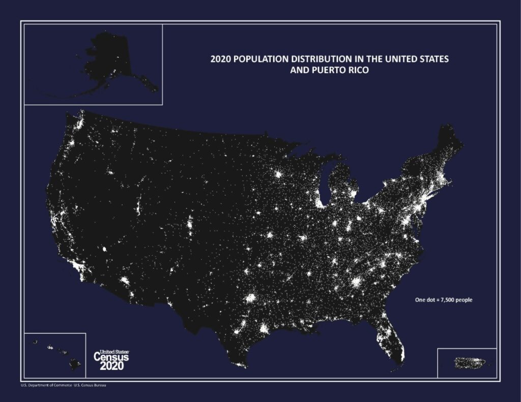 2020 population distribution in the United States and Puerto Rico. The map is black with white dots representing where the population is located.