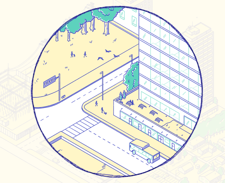 2. A circle, larger than before, illustrates a zoomed-in view of the street corner in greater detail, with the bus, street lights, office building, and people. The larger landscape, behind the circle, is faded away in the background.
