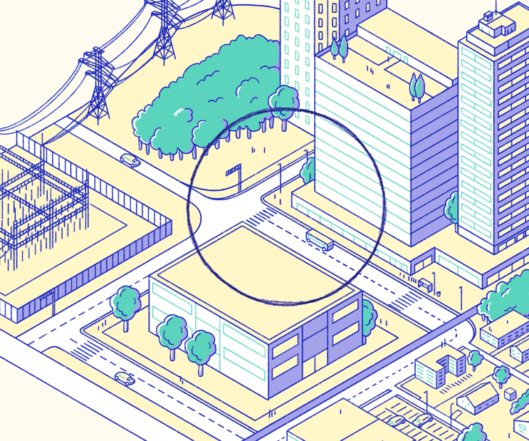 (1) Illustration de bâtiments urbains, avec un cercle dessiné à la main, entourant le coin d'une intersection, des lampadaires, le coin d'un immeuble de bureaux et un bus.