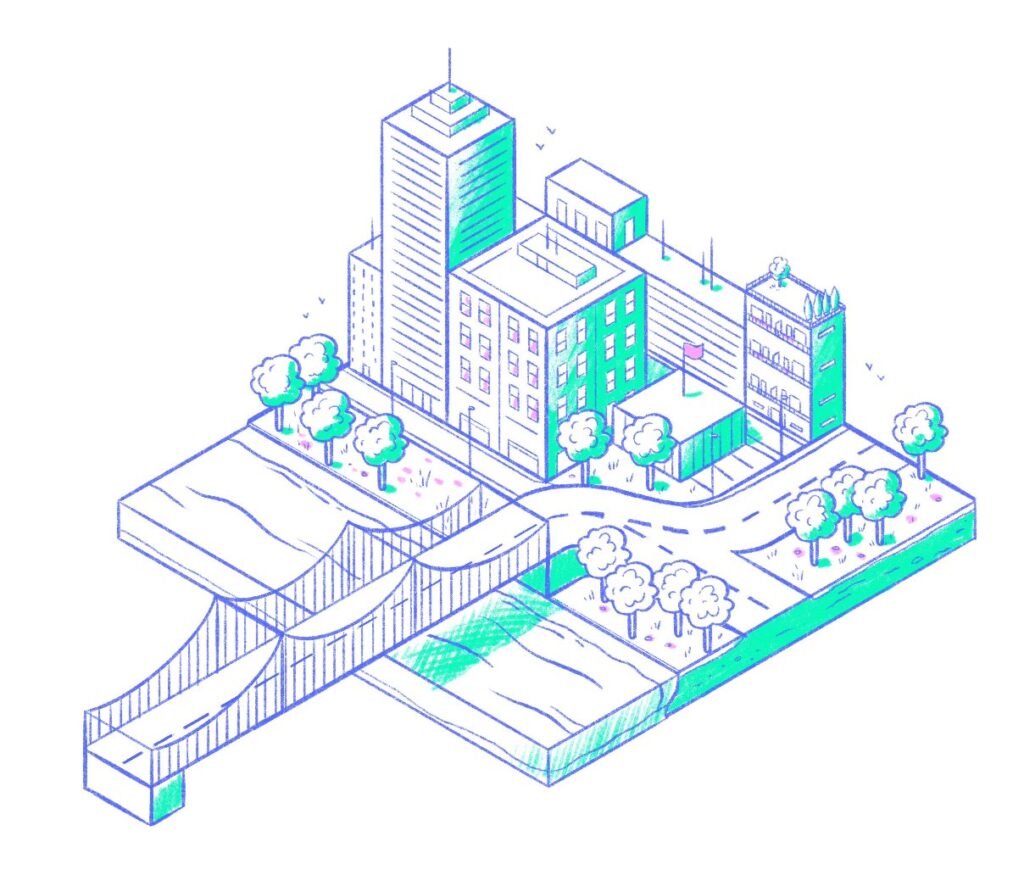 Outline of an isometric illustration representing an urban landscape with a bridge. The southeast side of the elements are green, with a few details here and there in pink.