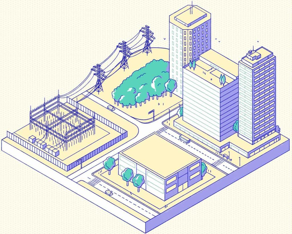 Outline of an isometric illustration representing an urban landscape and powerlines. It is coloured beige on top and lilac on the southeast side, while it stays white on the southwest side.