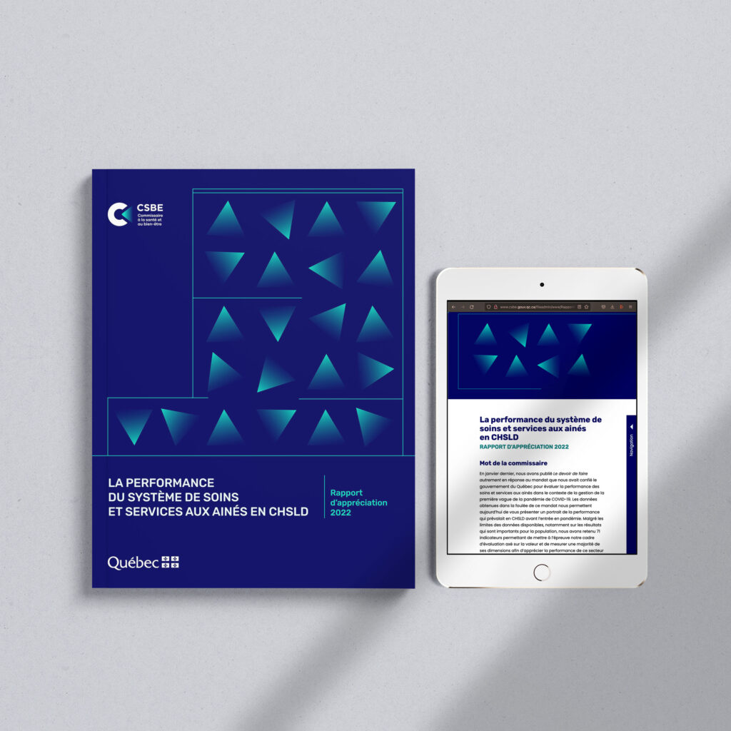 Cover of the report "La performance du système de soins et services aux aînés en CHSLD" as well as an electronic tablet displaying the home page of the html version of the report.