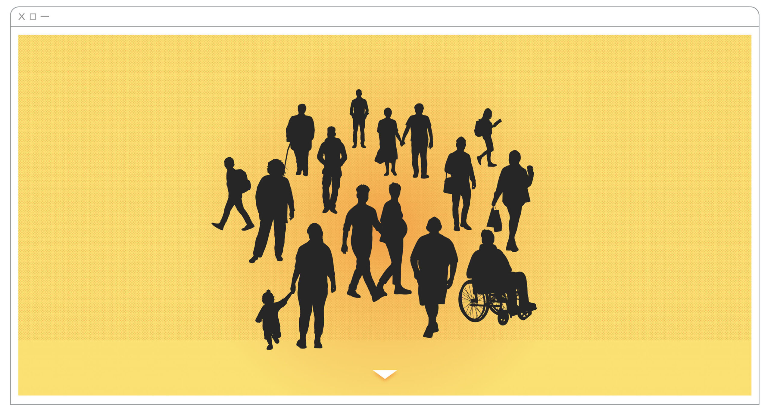 15 people are represented in the form of black silhouettes grouped on a yellow background. We can guess, among others, a young schoolboy, several elderly people, two couples, a pregnant woman, a man in a wheelchair, a young child and several people at work or at school.