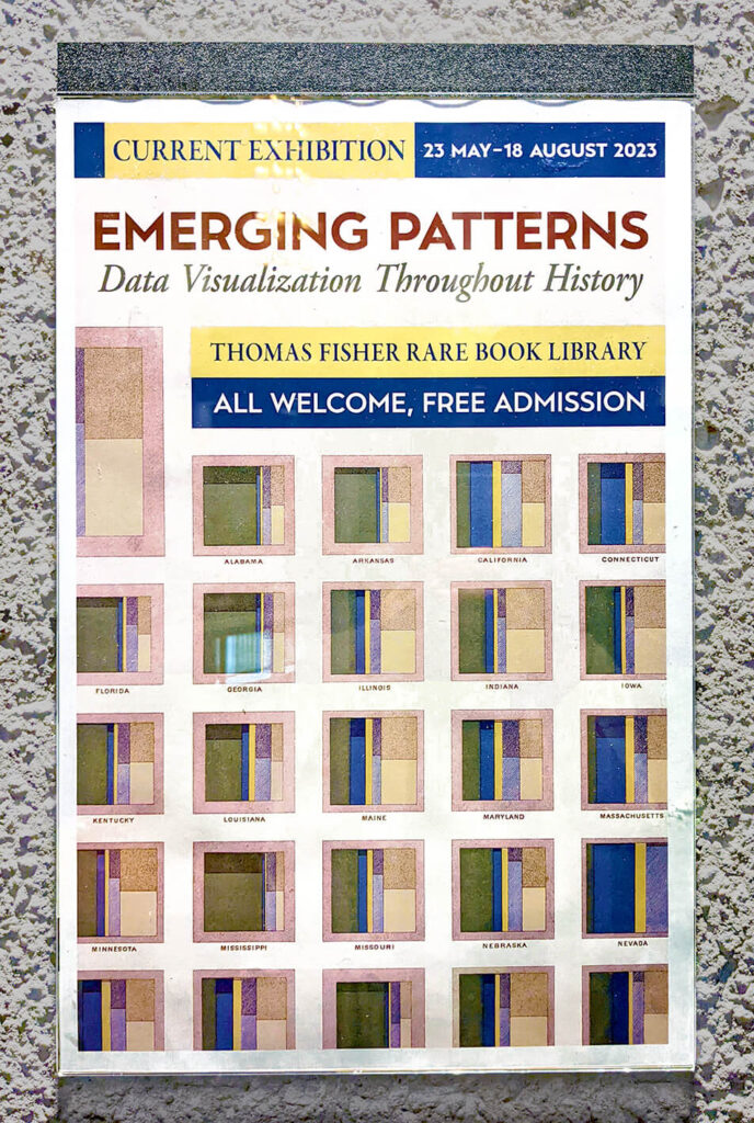 A poster of the exhibition. It says "Emerging Patterns data visualization throughout history, Thomas Fisher Rare Book Library, all welcome, free admission. Current exhibition 23 May to 18 August 2023." Features a set of coloured squares.