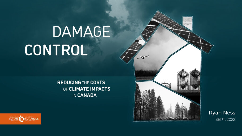 The first slide of the presentation. Against a dark green background, with threatening clouds in the background, we see the title of the study "Damage control", as well as the same house image that appears on the cover of the report.
