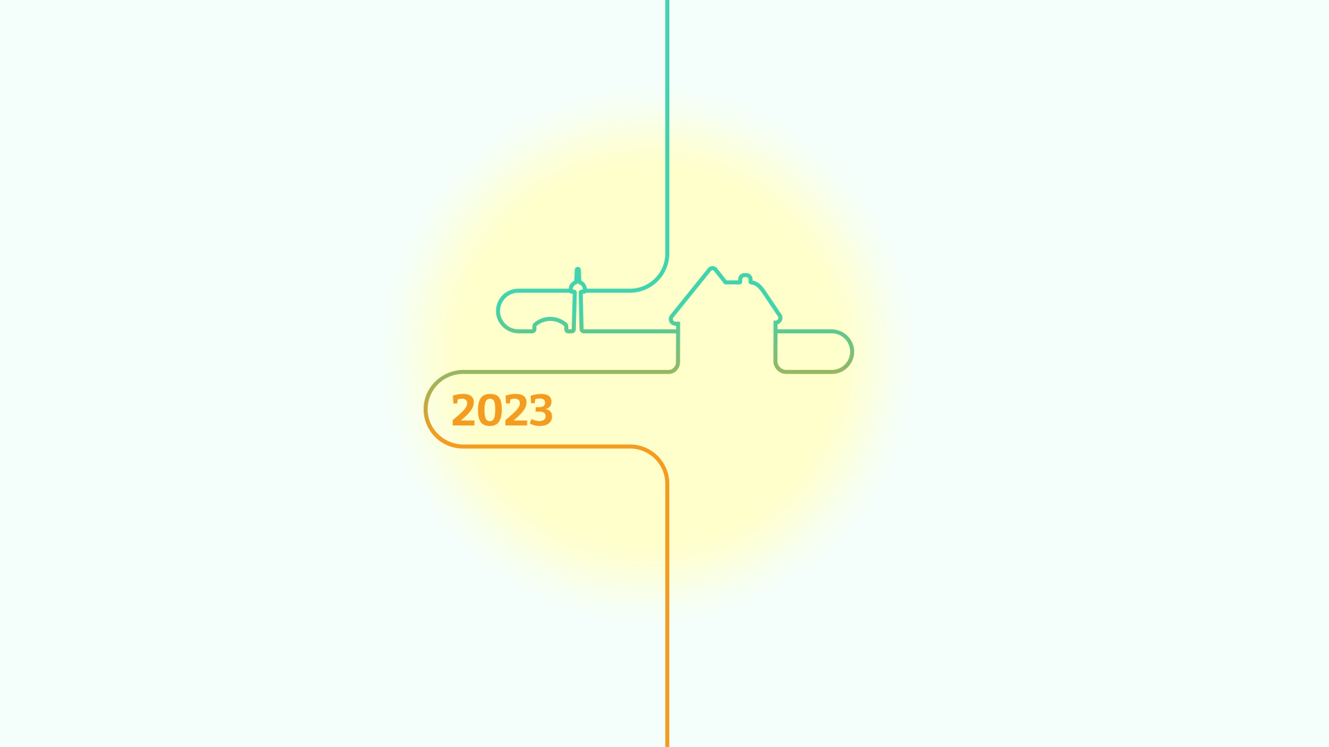 Introducing the little icon that follows the user from their first choice to the presentation of their results. This icon represents the reader's choices as drawn by the thread. Here, the illustration shows the CN Tower in the background, a detached house in the background, and the year 2023 in the foreground. The icon is set in a pale yellow circle, in which it stands out visually. The whole is presented on a pale blue background.