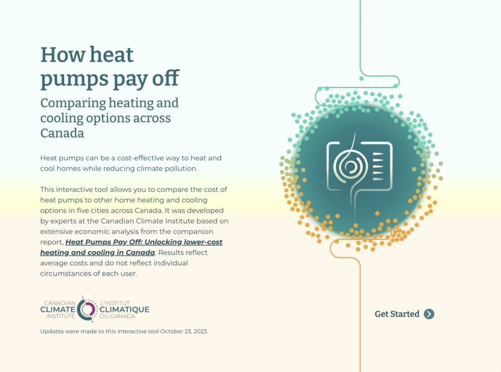 The landing page of the interactive with the title “Heat pumps pay off. Comparing heating and cooling options across Canada”. Heat pumps can be a cost-effective way to heat and cool homes while reducing climate pollution. This interactive allows you to compare the cost of heat pumps to other home’s heating and cooling options in five cities across Canada. It was developed by experts at the Canadian Climate Institute based on extensive economic analysis from the companion report, Heat Pumps Pay Off: Unlocking lower-cost heating and cooling in Canada. Results reflect average costs and do not reflect individual circumstances of each user.