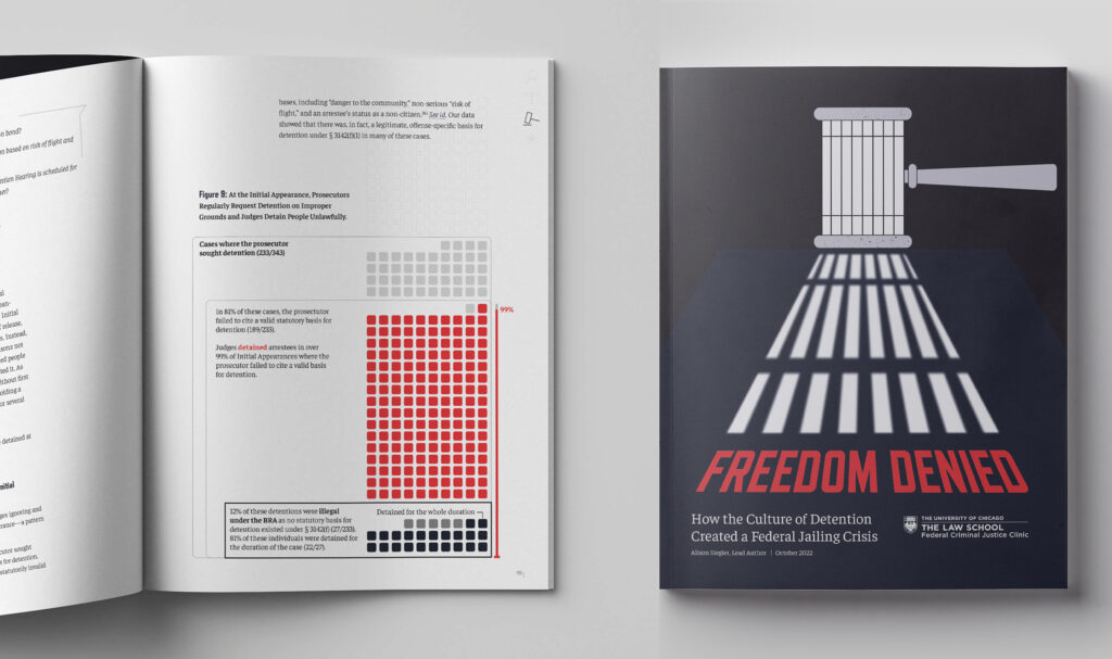 Image showing the cover of the “Freeing the US from its culture of detention” project report and a double-page spread featuring a large waffle chart.