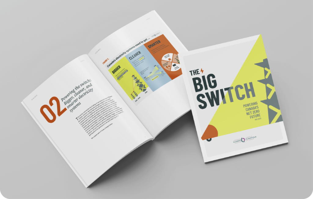 Two copies of the summary report in print format. One is shown closed, showing the front cover of the report. It features a megaphone icon projecting a stream of light that illuminates a pylon icon. The title is "The Big Switch". The second report is presented open, and shows the highlight of a double page spread of the printed report. On the left page, we can see the first page of the second chapter, and on the right page, an infographic.