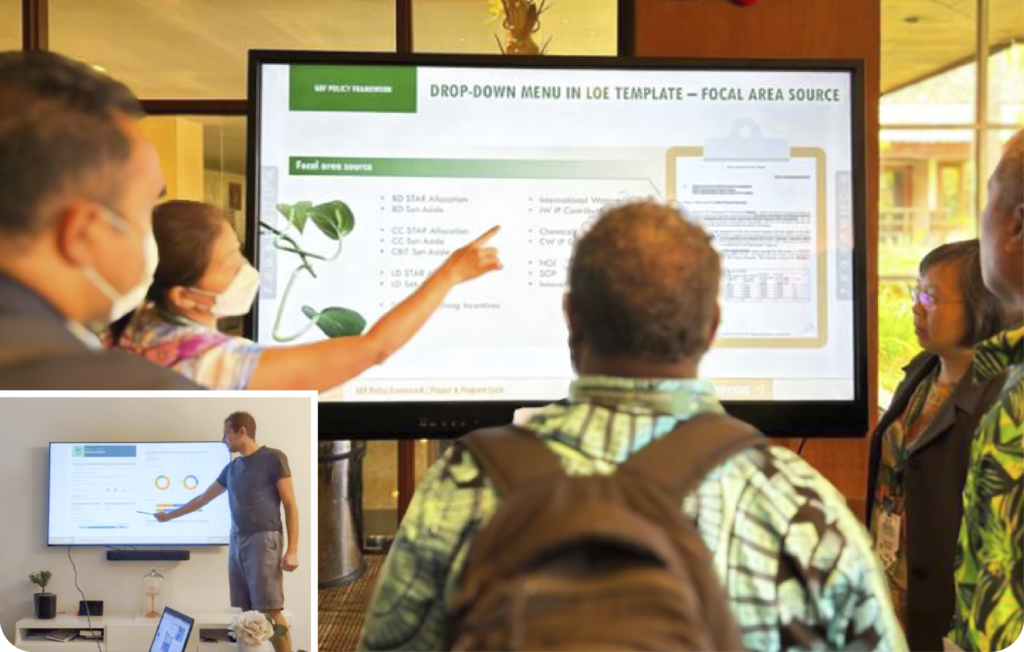 In the first image, a group of people is listening to a lady explaining the content presented on a large television. She is pointing to a bulleted list. This scene takes place on the day our interactive was presented to its intended audience. In a second image, we see Jonathan, our former project manager, testing the interactive on his sister's TV. This is a screenshot taken during our skype session.