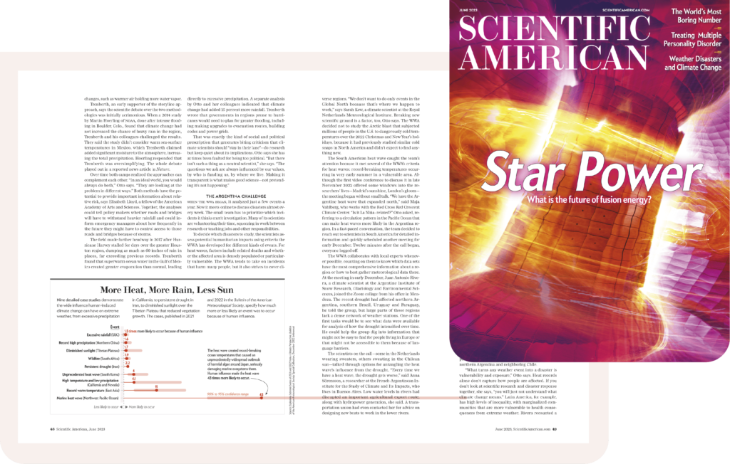 Cover of the issue of Scientific American in which our visuals were published. The title of the issue is "Star power" and the article about us is noted in the top right-hand corner with the title: "weather disasters and climate change". Under the cover, a double-page preview of the article shows one of our graphs on the left-hand page. It's a lollipop chart, and it has a peculiarity: one of its data points is so aberrant that it extends all the way to the right-hand page.