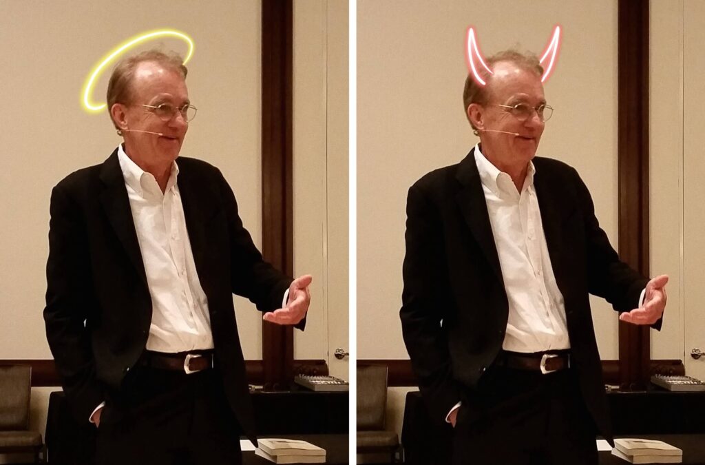 First image: Edward Tufte, standing, talking with a microphone attached to his ear. He has a halo drawn over his head. Second image: Edward Tufte, standing, speaks with a microphone attached to his ear. He has a devil's horn drawn on his head.