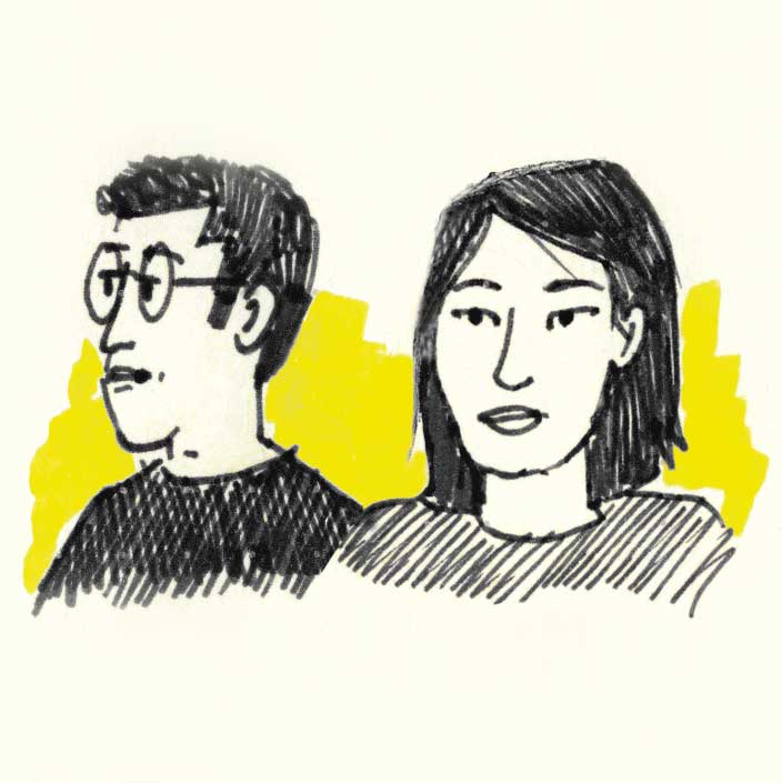 Drawing portraits of Patricia and Timour, both information designers.