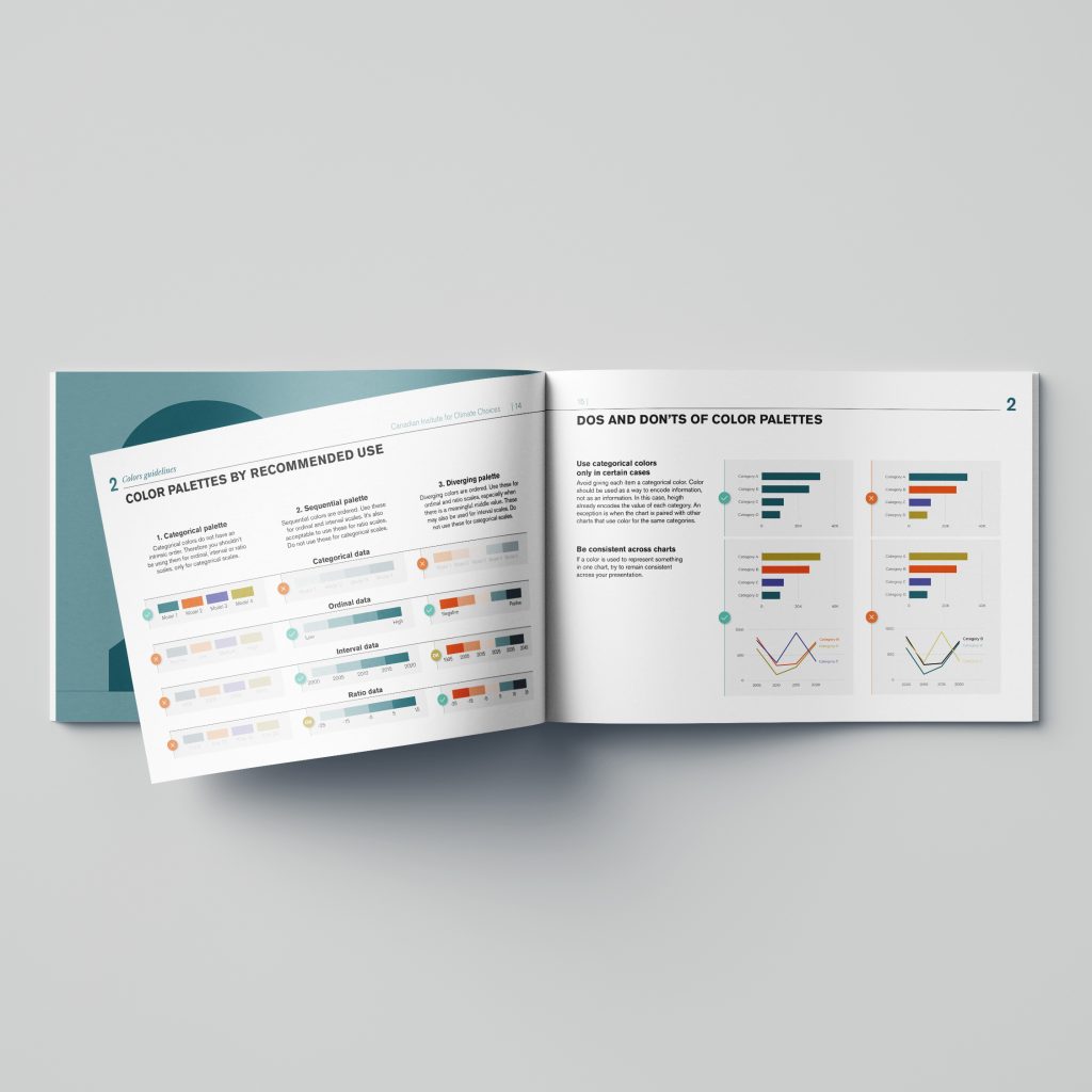 Le guide de style de visualisation se présente sous la forme d’une brochure imprimée avec l'identité visuelle de l'Institut. L’image montre une double page intérieure.