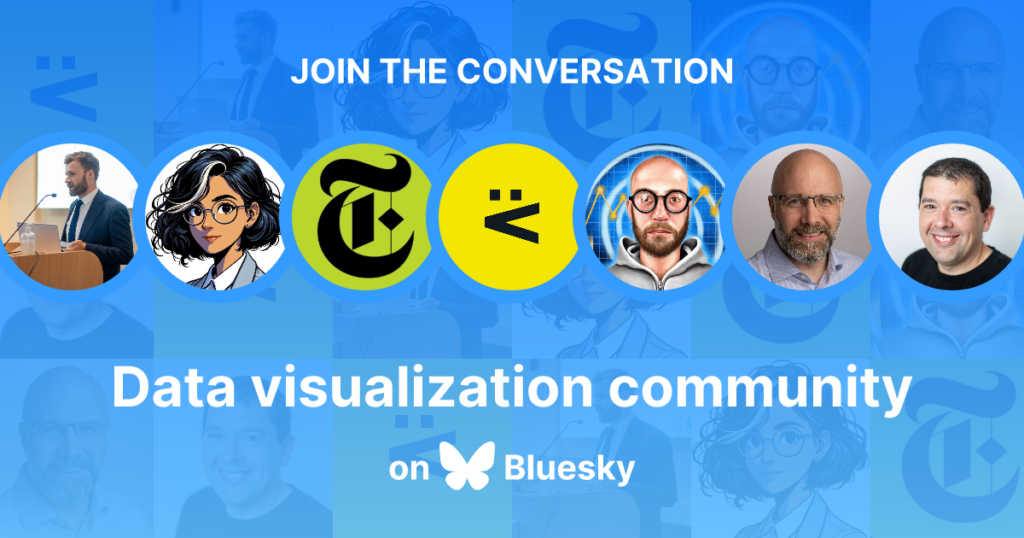 Rétrospective 2024: Une vignette issue de la plateforme bluesky, qui invite à rejoindre la communauté de visualisation de données en présentant les photos de profils de plusieurs personnes déjà intégrées. Il est écrit: “Join the conversation – Data visualization community on Bluesky”.