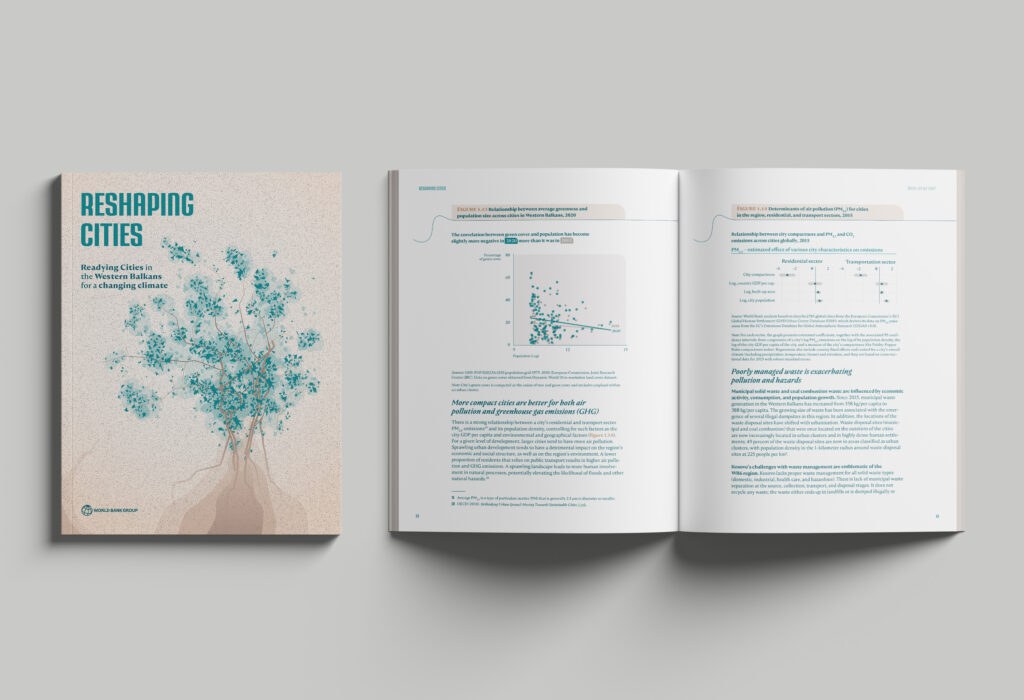 A mockup of two reports. One is closed and shows the report's cover, a cluster of green pixels that are in fact a satellite view of the vegetation cover of the cities in the region studied. Roads, in brown, run towards this cluster. The whole forms a tree, half abstract, half conceptual. Top left: “Reshaping cities - Reading Cities in the Western Balkans for a changing Climate”. To the right of this report, a second one is open and laid flat. It shows the interior layout and some of the graphics produced for this client.