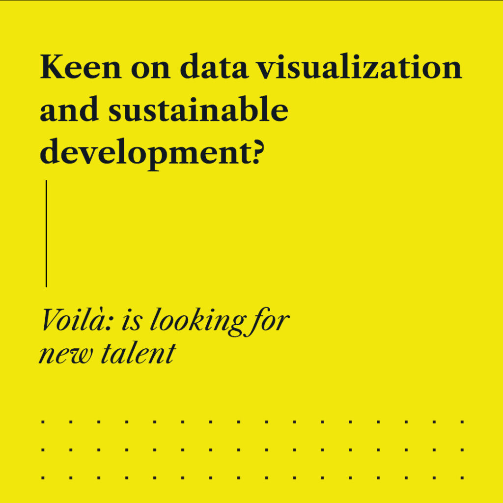 A banner inviting people to join our team with a yellow background. It says “Keen on data visualization and sustainable development? Voilà: is looking for new talent”.