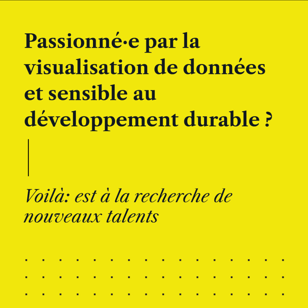 Une vignette qui appelle à intégrer notre équipe sur fond jaune. Il est écrit “ Passionné·e par la visualisation de données et sensible au développement durable ? Voilà: est à la recherche de nouveaux talents”.