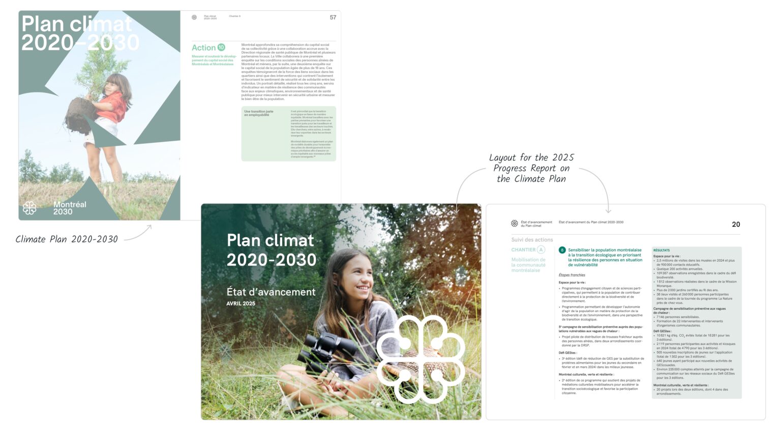 The image shows two visuals. On the left, the 2025 Climate Plan is shown on a double page spread with its cover and an inside page showing the progress of an action. On the right, the progress report is shown with its cover page and an inside page, also showing the progress of an action.