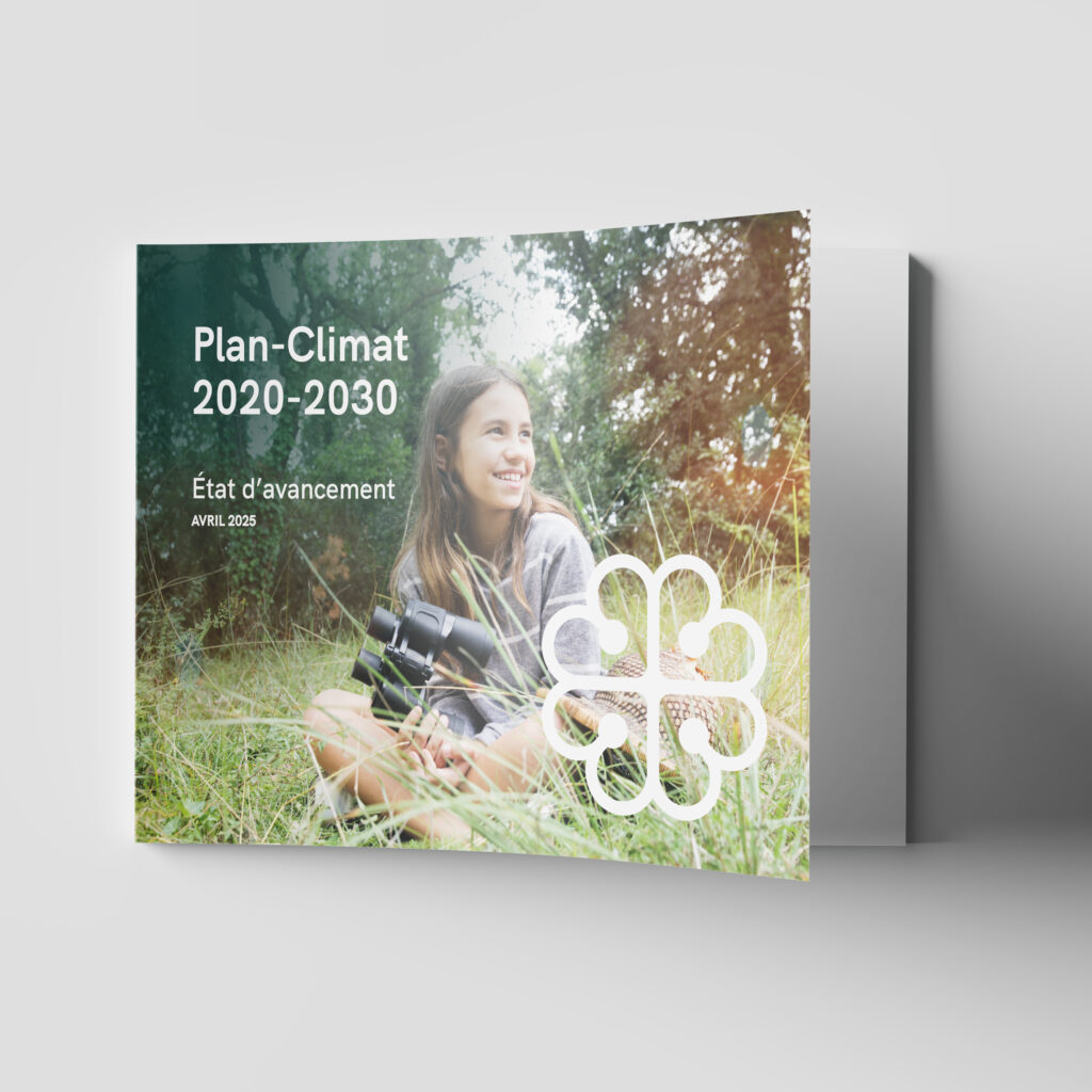Image showing the cover page of the 2025 Progress Report on the Climate Plan. The cover features an image of a young girl sitting in the grass, holding binoculars. The title of the report appears at the top left, and the City of Montreal logo, in the shape of a flower, appears at the bottom right.