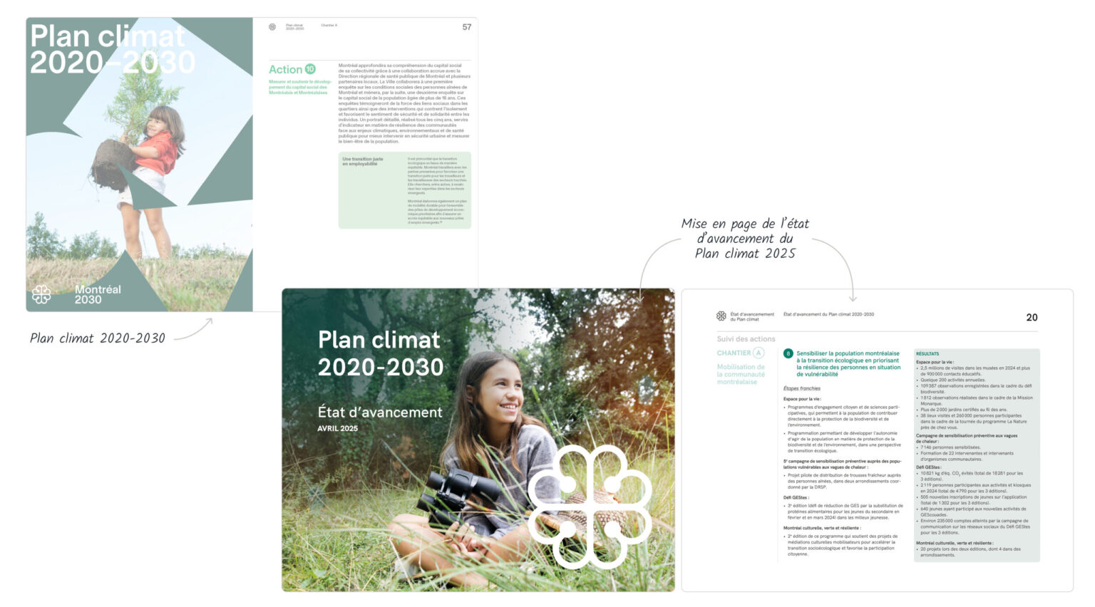 L’image montre deux visuels. À gauche, le Plan climat 2025 est présenté en double page avec sa couverture et une page intérieure montrant les avancées d’une action. À droite, c’est l’état d'avancement qui est présenté avec sa page couverture et une page intérieure, montrant également les avancées d’une action.