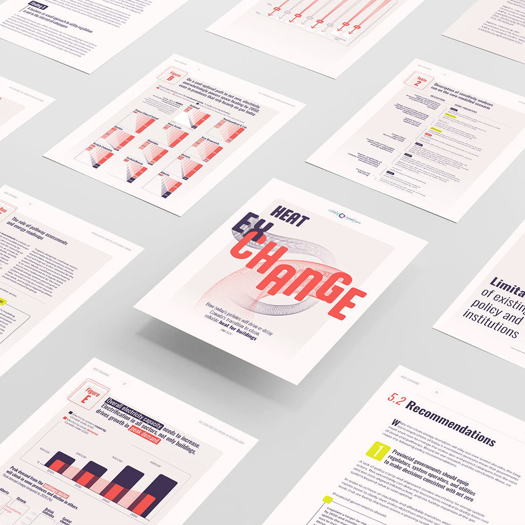 An image showing a series of images laid out on a light gray background. Presented like posters, these images are all taken from the report "Heat Exchange" and include both text and charts. At the center, seemingly floating in the air, is the cover image. On this cover, the title "Heat Exchange," in large capital letters, dominates the space, with the two letters "E" and "X" in blue and the rest of the word "change" in red. The letters of "Exchange" are not all aligned on the same baseline, giving it a sense of movement. The letters "E" and "G" create a gradient of shapes behind them with their outlines. The word "heat" is written above this title in smaller, on the left. Framing the cover is the Climate Institute logo at the top, and the subtitle "How today's policies will drive or delay Canada's transition to clean, reliable heat for buildings" at the bottom.