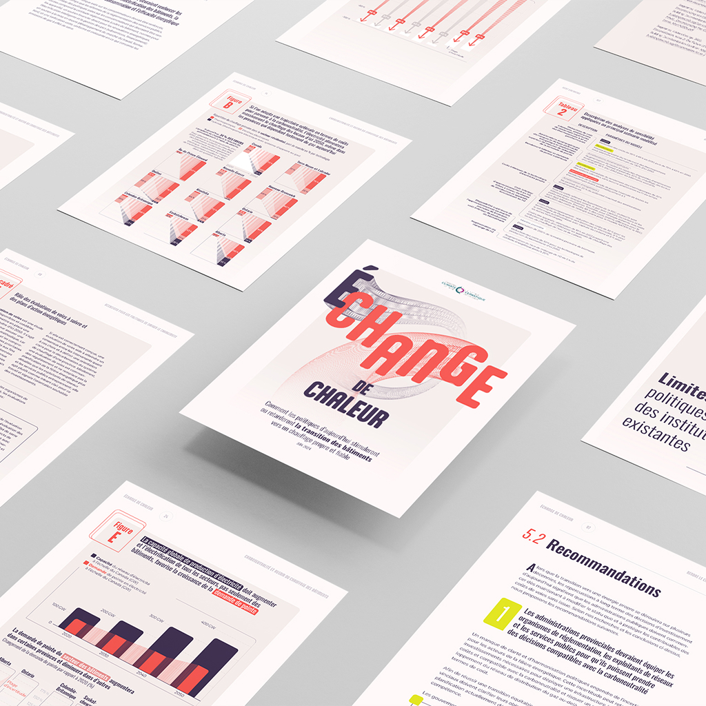 Image représentant une série d’images déposées sur une surface gris clair. Présentées telles des posters, ces images sont toutes tirées du rapport «Échange de chaleur» et montrent tantôt du texte, tantôt des graphiques. Au centre, flottant dans l’air, l’image de la couverture est présente. Sur cette couverture, le titre «Échange de chaleur» en gros, au centre et en lettres majuscules, prend la plus grande place, avec la lettre «É» de couleur bleue et le reste du mot «change» de couleur rouge. Les lettres du mot «Échange» ne sont pas toutes alignées sur la même ligne de base, lui donnant du mouvement. Les lettres «É» et «G» créent un dégradé de formes derrière elles avec leurs contours. Les mots «de chaleur» sont écrits en dessous de ce titre, en plus petit et centré. Encadrant la couverture, on trouve le logo de l'Institut climatique en haut, et le sous-titre «Comment les politiques d'aujourd'hui stimuleront ou retarderont la transition des bâtiments vers un chauffage propre et fiable» en bas de page.