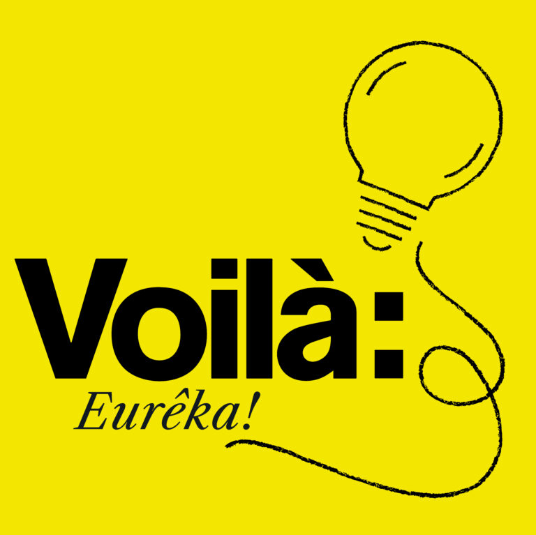 Voilà: logo with a light icon that focuses on solutions, on yellow background.