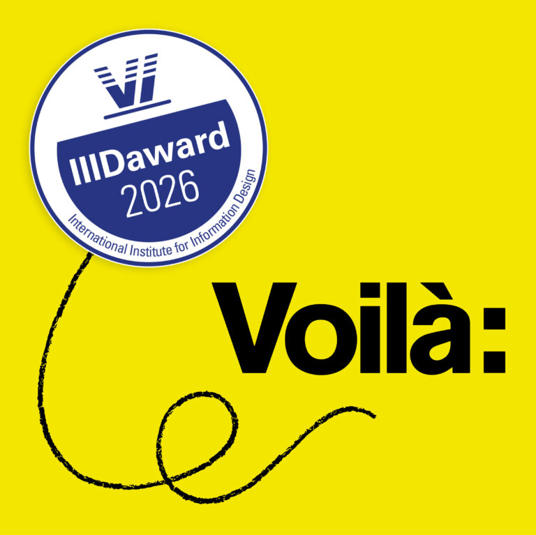 The IIID awards roundel accompanied by the Voila logo, all on a yellow background